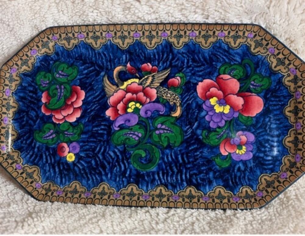 blue plate Royal Cauldon Bristol Cobalt Floral Bird Serving Tray England